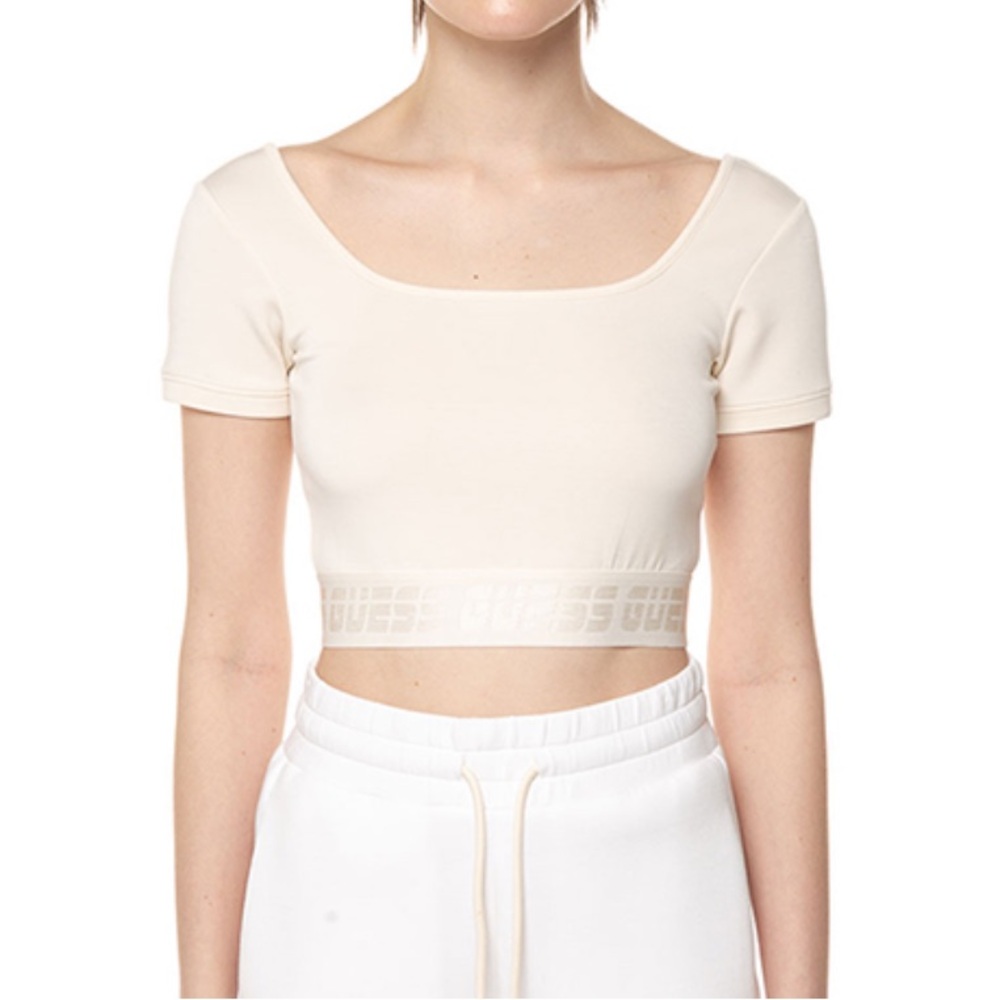 Guess Cream Cropped Square Neck T-Shirt